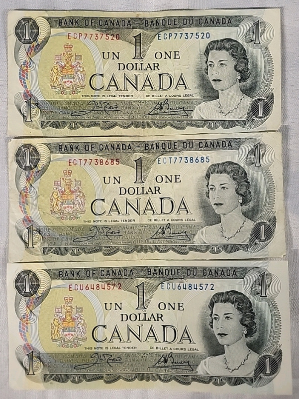 3 - 1973 Canadian $1 Bills