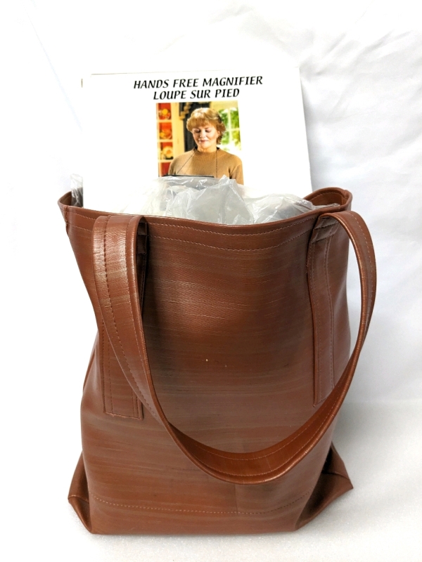 Vintage Fabric Crafts in Large Leather-Like Tote Bag + Hands Free Magnifier + Vintage Pocket Knives +