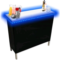 Folding Portable Party Bar w/Multi-Color LED Lights, Black & Hawaiian Bar Skirts, and Storage Shelf