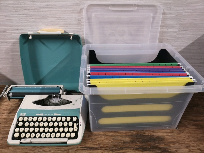 Vintage Zephyrh Typewriter + Storage Tote and File Folders