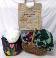 Vintage Knitting, Lace & Embroidery : Partially Complete Blanket in basket , Knitting Bags & Yarn, Embroidery Floss, Partial Lace Tablecloth +