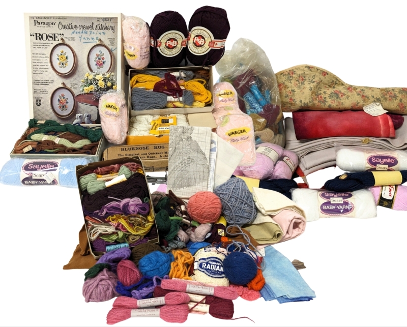 Huge Vintage Crafting Lot: Hand dyed Fabrics, Lots of Yarn, Embroidery Floss, Tapestry Wool, +