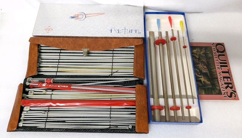 Vintage FASTURN 6 Tube Fabric Tube Turning System Complete + Organizer FULL of Knitting Needles + Vintage 1996 Quilters Newsletter Magazine