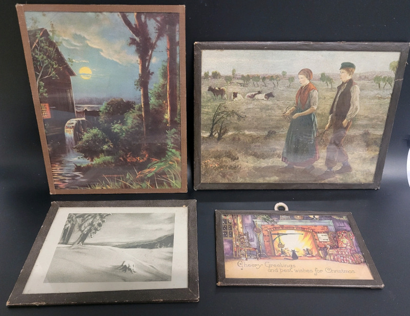 Vintage X-Mas Postcard & 3 Vintage Prints . All Under Glass