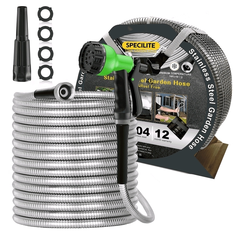New - SPECILITE 50ft 304 Stainless Steel Metal Heavy Duty Garden Hose w/2 Nozzles