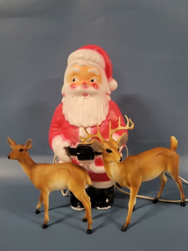 Vintage Plastic Blow Mold Santa Light & 2 Plastic Deer
