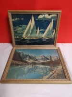 2 Vintage Framed Pictures - Sailboats & Lake Mountain Scene