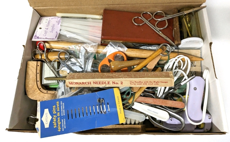 Vintage Crafting Supplies : Scissors, Knitting Needles, Buttons, Rulers, Glue Gun +
