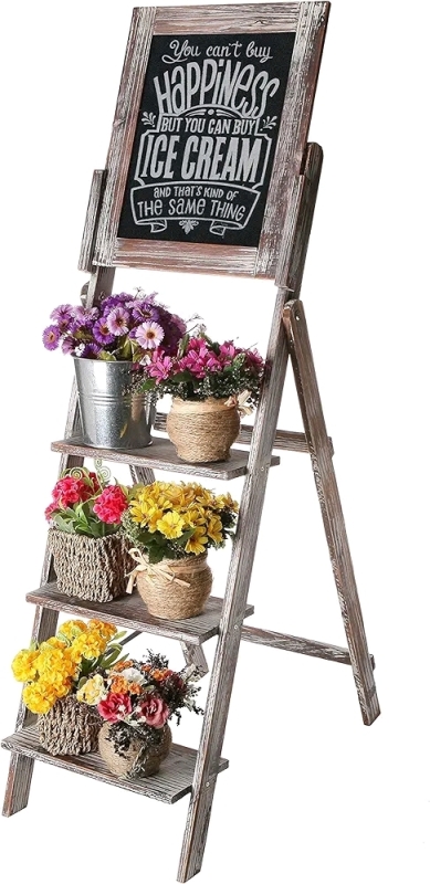 MyGift Decorative Torched Wood Easel Style Chalkboard Stand with 3 Tier Display Shelves