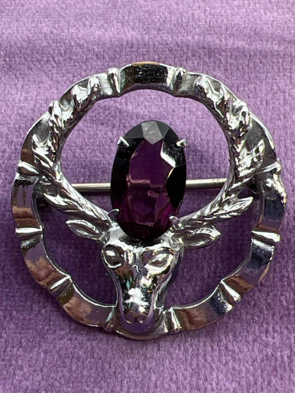 Scottish Kilt Stag Figural Brooch Amethyst Rhinestone