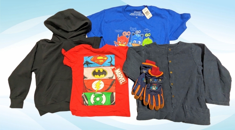 New Kids Clothes: T-Shirts (4-6X), Overalls (Size 4/5), Hoodie (Small) & Robot Winter Gloves (Kids Large)