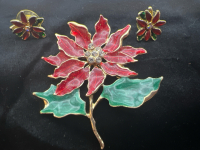 Beautiful Enamel Rhinestone Poinsietta Brooch Earrings