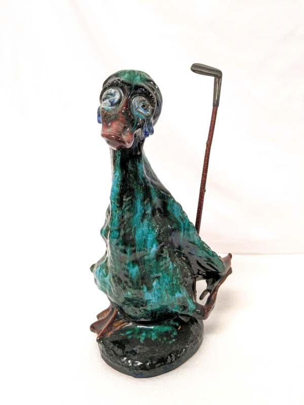 The Weirdest Distressed Dripping (Golfing?!) Duck Statue 14" Tall (incl Club)
