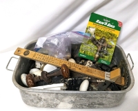 Vintage Door Knobs, Door Plates, Drawer Pulls & More in Old Roasting Pan + Vintage Bullet-Shaped "Souvenir of Canada" with Shot glasses