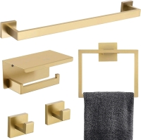 New TNOMS 5-Piece Bathroom Hardware Set Towel Bar Set Toilet Paper Holder with Shelf Wall Mounted Brushed Gold Stainless Steel Bathroom Accessories Set - No hardware