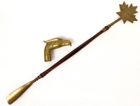 Vintage Brass & Wood Maple Leaf Shoehorn & Bras Eagle Head Cane Topper