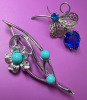 Blue Note Turquoise Lucite & Blue Sapphire Rhinestone Brooches