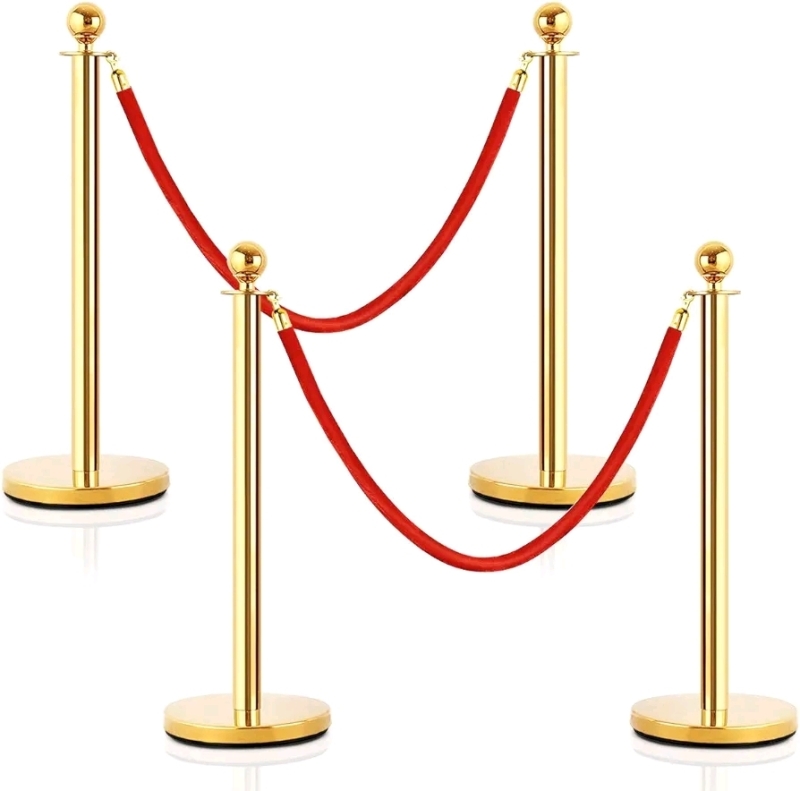 New - GoPlus 4Pcs Gold Tone Stainless Steel Stanchion Posts w/Two 5Ft Red Velvet Rope