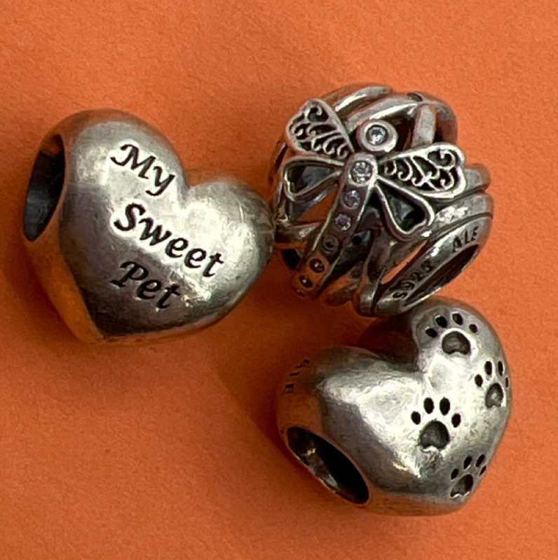 Three PANDORA 925 Sterling Charms Pet Lover Dragonfly