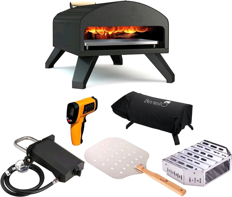 Bertello Outdoor Pizza Oven Bundle-Gas & Wood Simultaneously-Portable Brick Oven Portable Pizza Maker With Gas Burner, Peel, Wood Tray, Cover & Thermometer