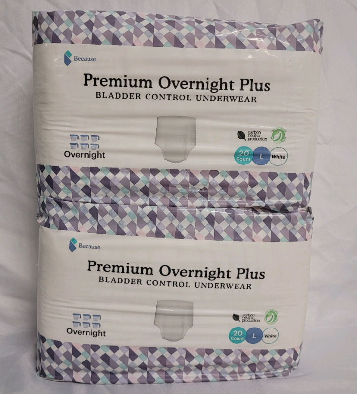 New - BECAUSE Premium Overnight Plus Bladder Control Underwear , Size L , 40 Count