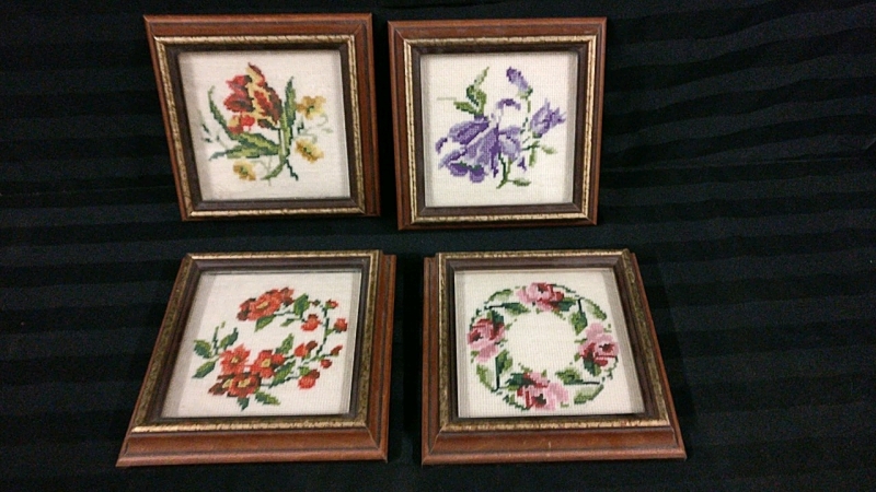 4 Needle Point Florals Hand Crafted Framed 8x8 inches