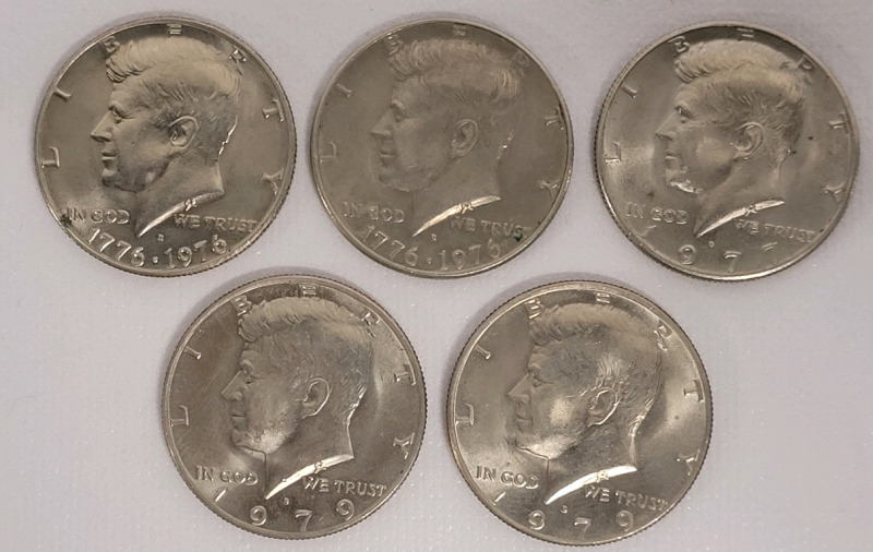 1976 - 1979 USA Kennedy Half Dollar Coins , Five (5) Coins . High Grade to Uncirculated