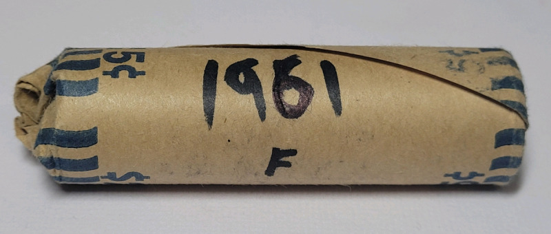 1961 Canadian Five Cent Nickel Roll , F written on Roll . 40 Coins