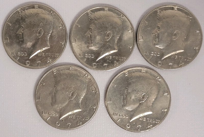 1974 USA Kennedy Half Dollar Coins , Five (5) Coins . High Grade to Uncirculated