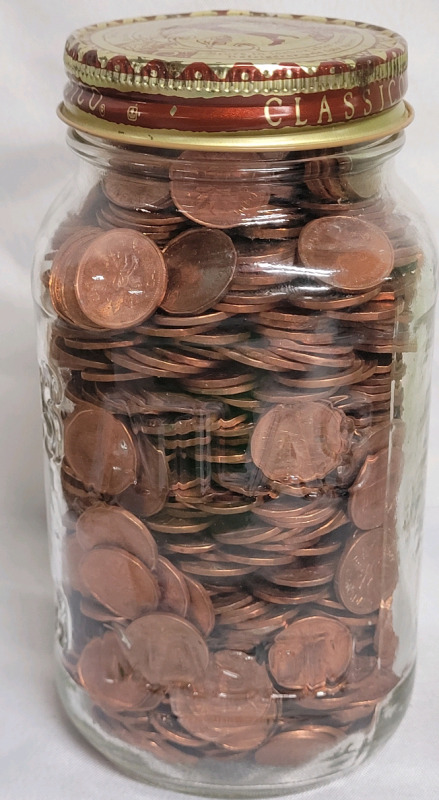 Canadian / USA Pennies in Mason Jar , Jar measures 6.5" tall