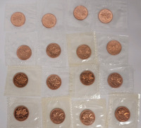 1963 - 1966 Canadian Uncirculated Pennies in Cellophane , 16 Coins , 4 each