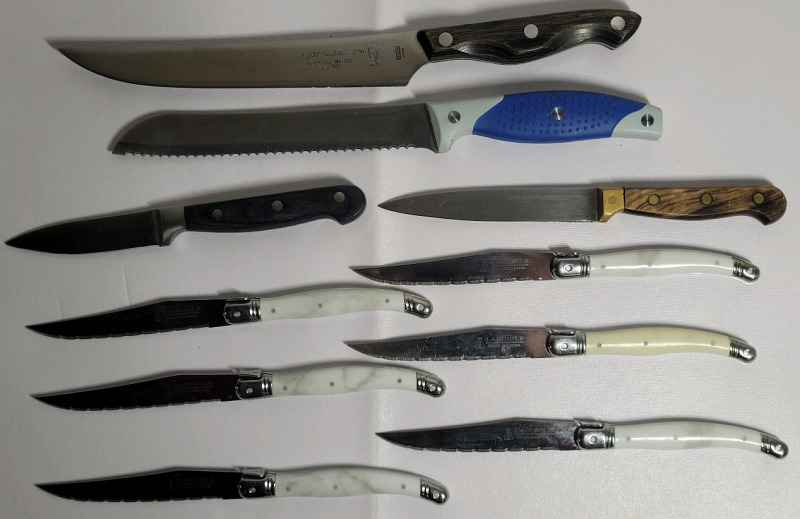 Ten (10) Various Size Kitchen Knives . Includes Set of 6 Laguiole Steak Knifes