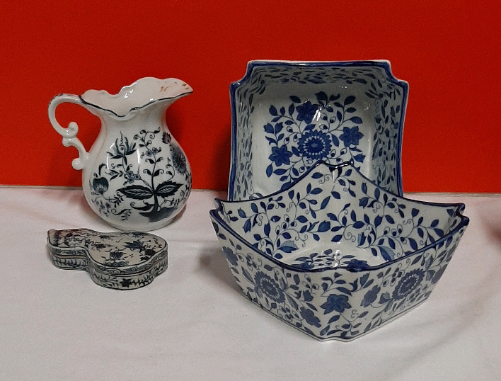 Vintage Asian Inpired Square Bowls, Pitcher and Trinket Box