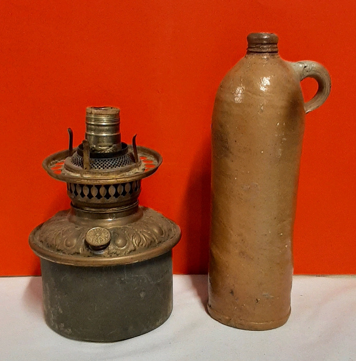 Antique Hand Thrown Bottle and an Oil Lamp Base