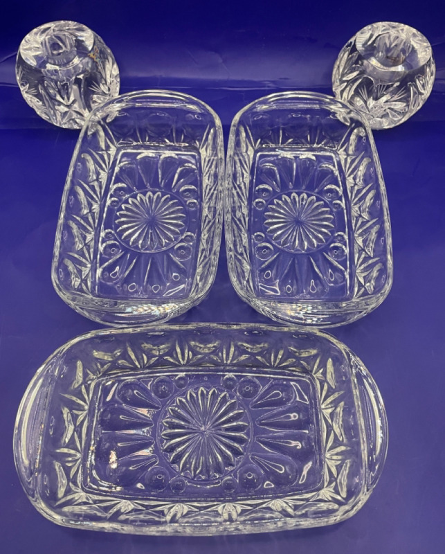 2 crystal candle holders and 3 crystal petite appetizer serving dishes