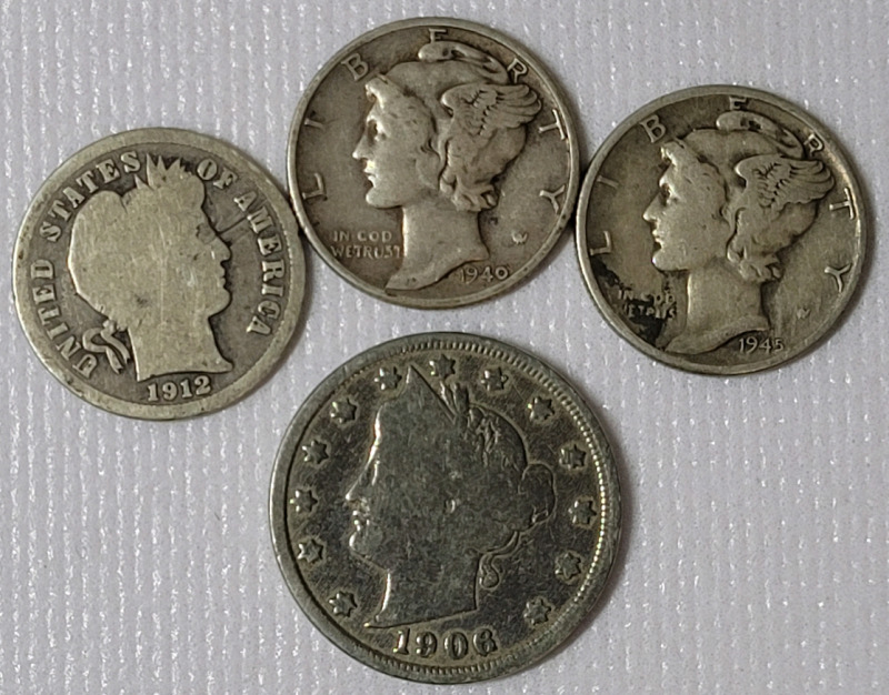 1912 USA Barber Silver Dime , 1940 & 1942 USA Silver Mercury Dime , 1906 USA Liberty Nickel