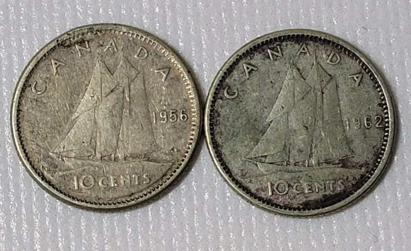 1956 & 1962 Canadian Silver Dimes , Two (2) Dimes