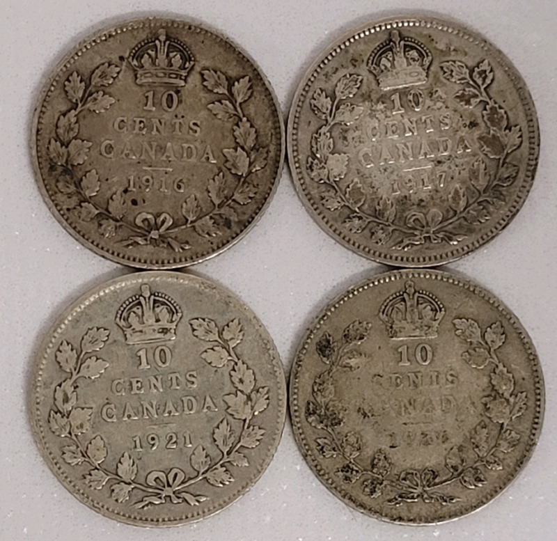 1916 - 1936 Canadian Silver Dimes , Four (4) Dimes - 1916 , 1917 , 1921 & 1936