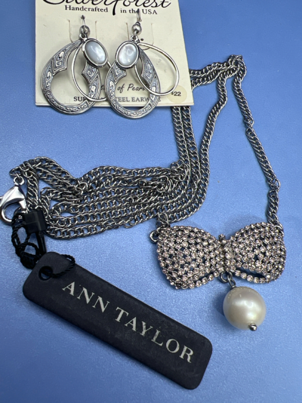 Anne Taylor Tagged Loft Pave Necklace MOP Dangle pierced Earrings
