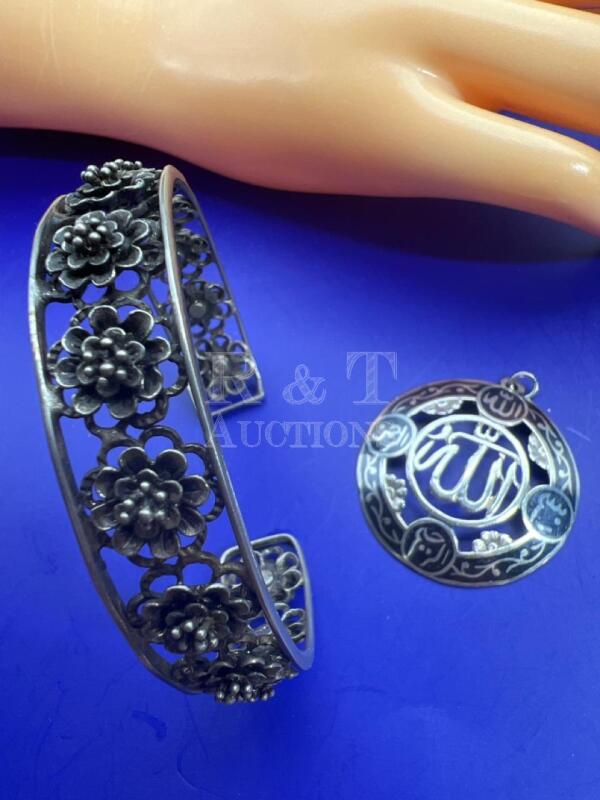 Estate Niello Silver Iraqi Pendant and figural Cuff Bracelet