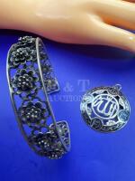 Estate Niello Silver Iraqi Pendant and figural Cuff Bracelet