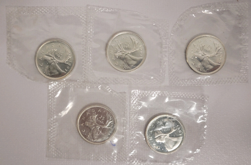 1963 Canadian Silver Twenty Five Cent Quarters in Sealed Cellophane , Five (5) Coins