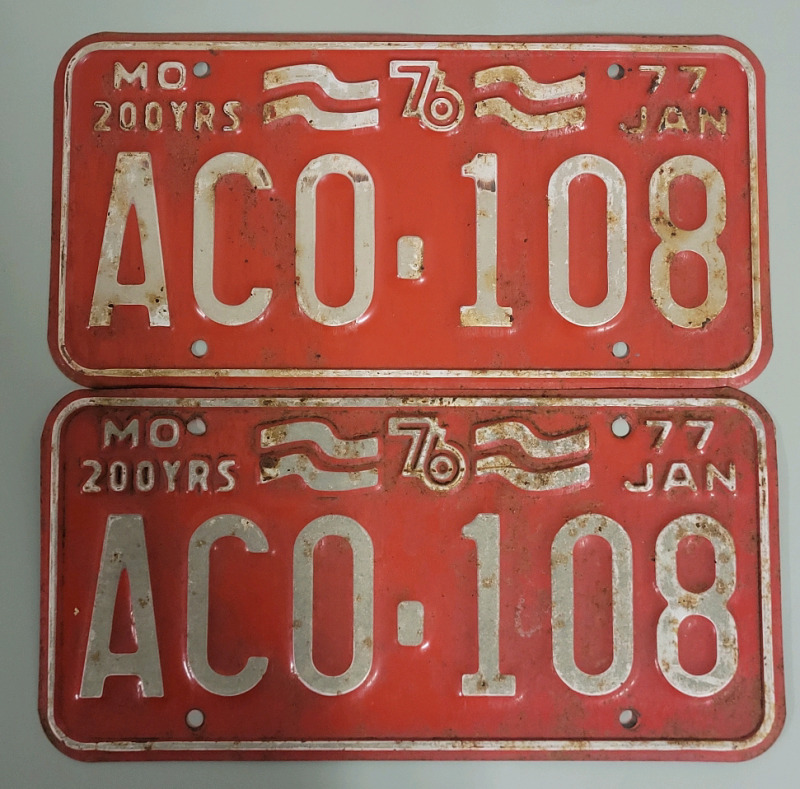 Vintage 1977 Missouri License Plate Matching Pair , Bicentennial