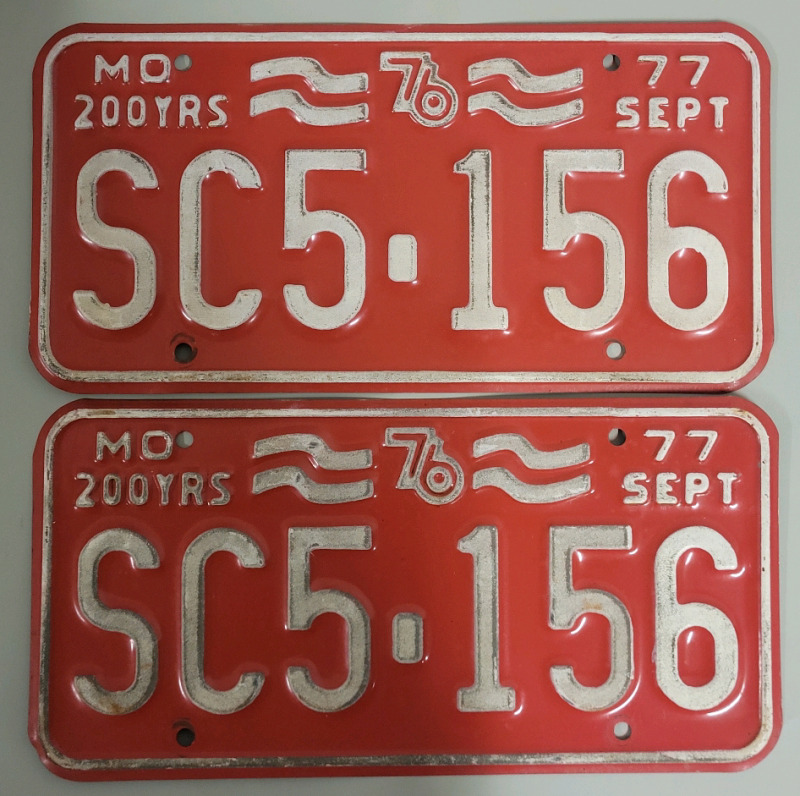 Vintage 1977 Missouri License Plate Matching Pair , Bicentennial