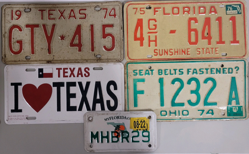 Vintage 1970s USA License Plates - Texas , Ohio & Florida . All Single Plates