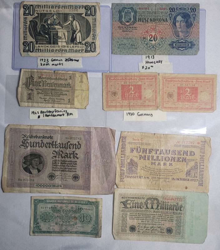 Vintage 1910s / 1920s German & Hungarian Bank Notes .