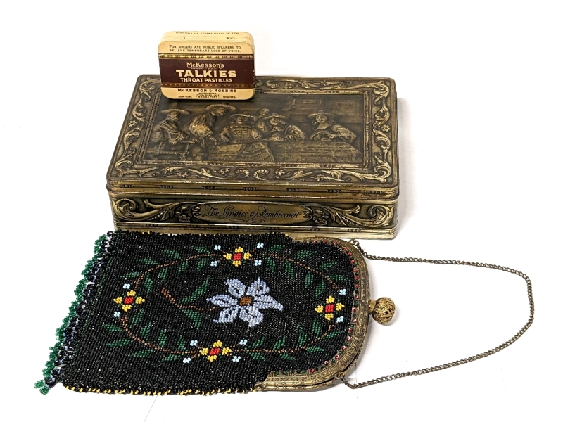 Vintage McJesson's Talkies Throat Pastilles + Victoria NV Biscuitfabriek Holland Tins & Gorgeous Beaded Clutch