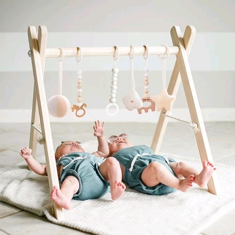 New - Funny Supply Wooden Baby Gym with 6 Gym Toys Foldable Baby Play Gym Frame