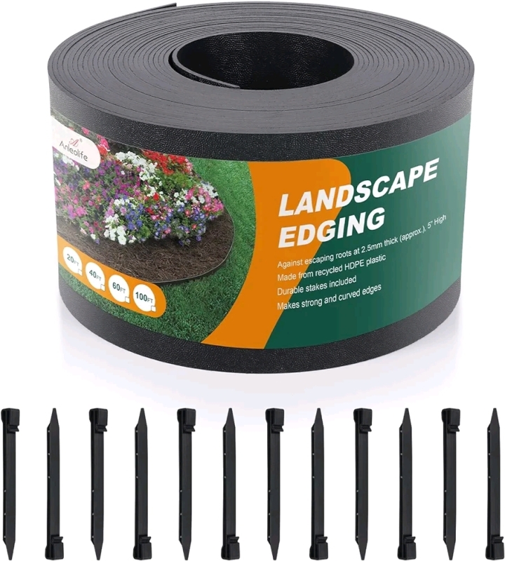 New - Anleolife Black Plastic Garden Landscape Edging , 5” Tall & 100ft Long plus 30 Stakes