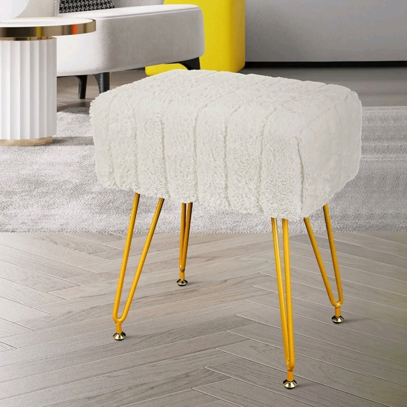 New - Babion White Fuax Mink Square Vanity Stool with Gold Metal Legs .